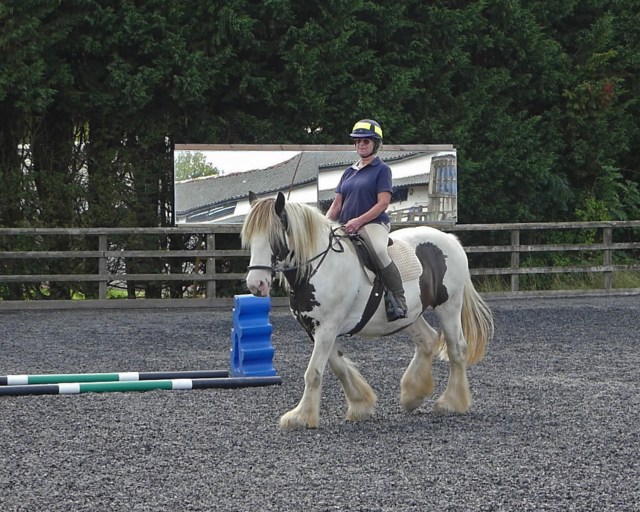 The author on her horse Mojo, a piebald cob